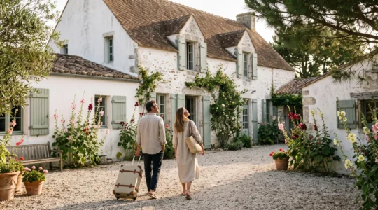 A couple with luggage arrives at a luxury stone villa on Île de Ré.