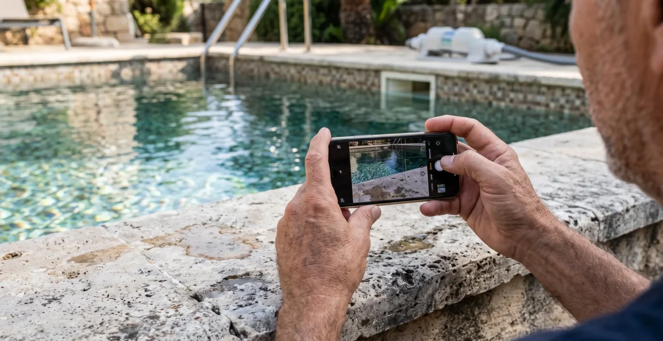 A man photographs a villa swimming pool with his smartphone.